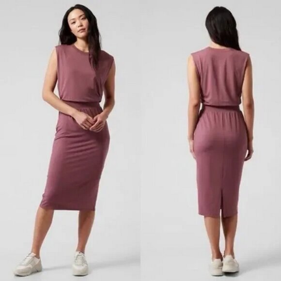 Athleta Santorini Cinch Sleeveless Midi Dress Size Small Tawny Rose ~EUC - Picture 1 of 10